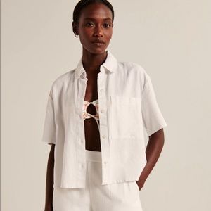 XS: 90s Cropped Linen-Blend Button-Up Shirt